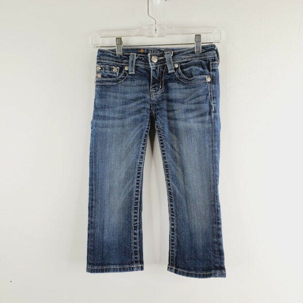 Miss Me Girls Blue Medium Wash Embroidered Cuffed Capri Denim Jeans Size 12
